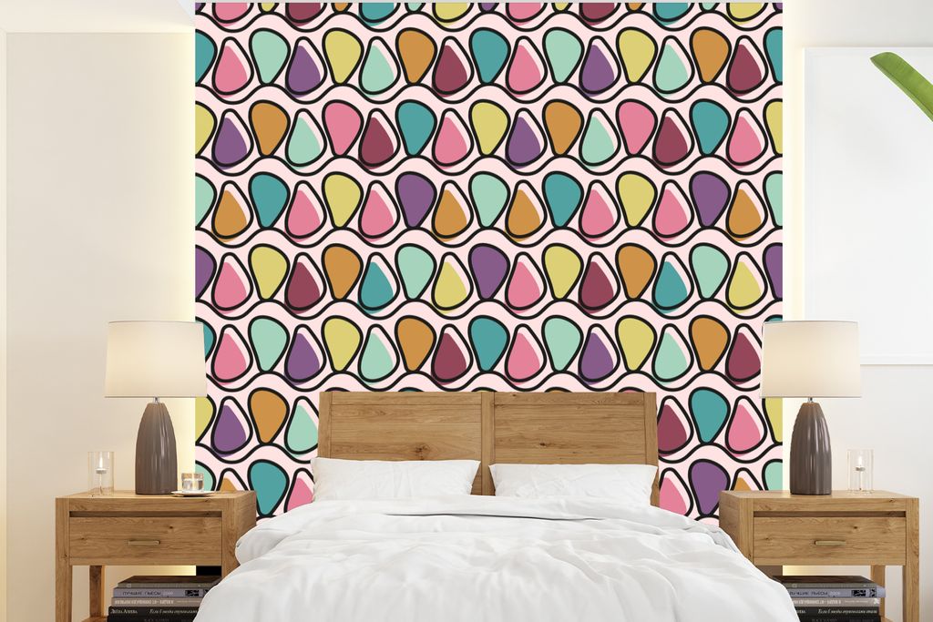 MuchoWow Fototapete für Wohnzimmer oder Schlafzimmer Wandtapete Vinyl Motivtapete Muster - Oval - Pastell - 220x240 cm - Wohnzimmer-Tapete