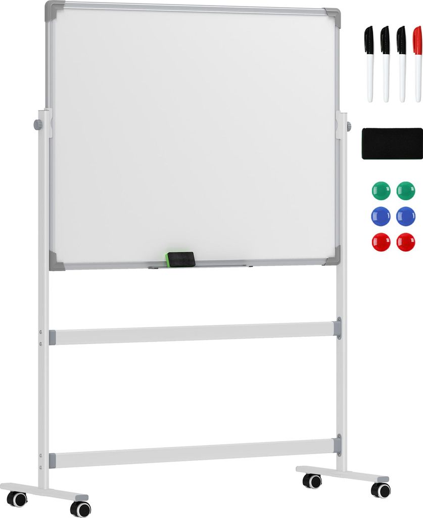 Whiteboard,120 x 90 cm, magnetisch, drehbar, mobil, inkl. Marker & Schwamm, Metallgestell, Weiß