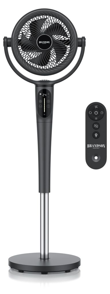 A black and silver stand fan with a remote control, presented on a white background.