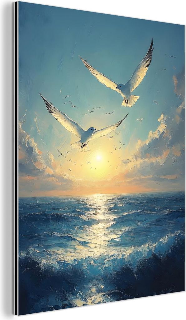 MuchoWow Wanddekoration Metall Metallbild Wandkunst 60x80 cm Möwen - Meer - Wolken -Blau MuchoWow Aluminium Gemälde - Wanddekoration Metall