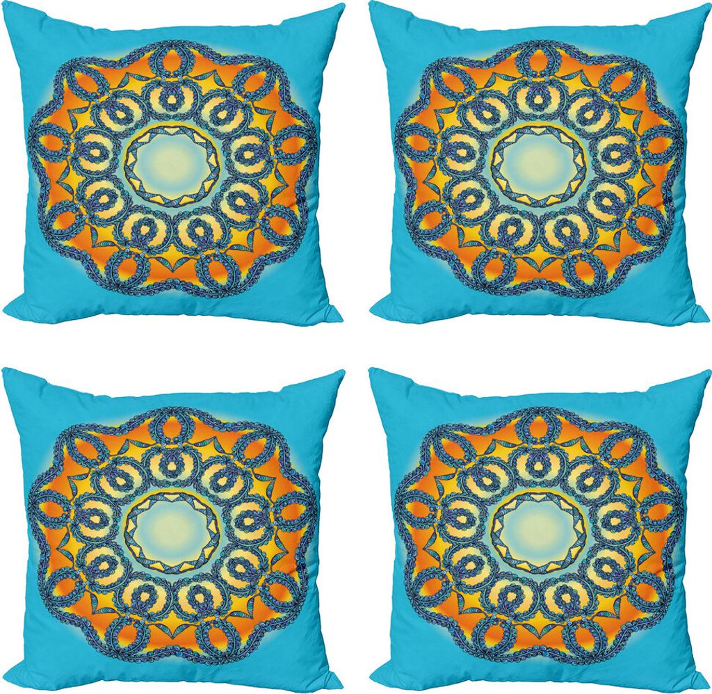 ABAKUHAUS Mandala Kissenbezug Set (4 Stück), Mandala Blumen, Moderner Doppelseitiger Digitaldruck, 40 cm x 40 cm, Orange und Blau