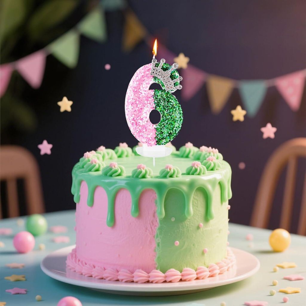 Rosa und Grüne Glitzernde Geburtstagskerzen Tortenaufsatz mit Zahlen für Hexenthema - Zahl 6