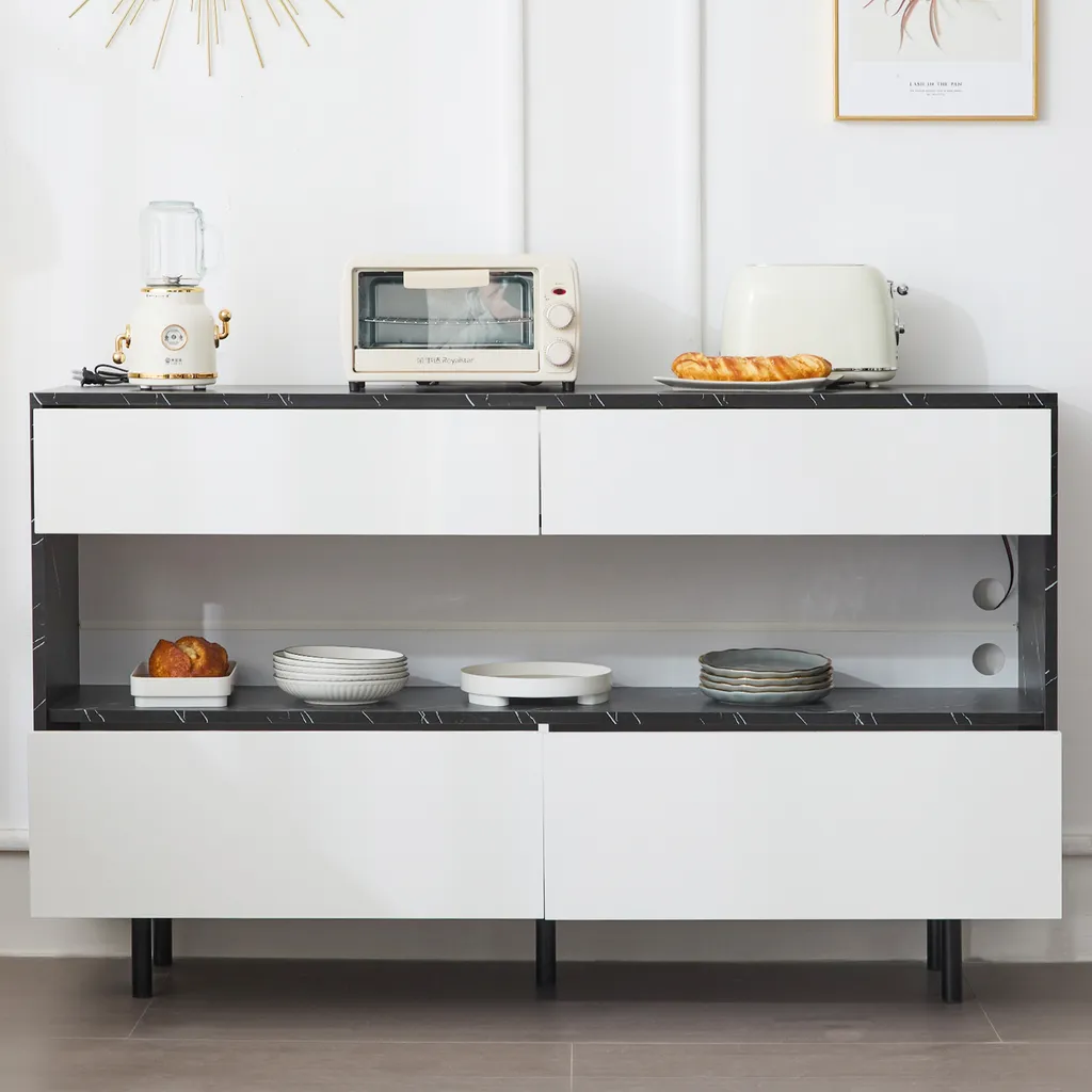 Buffet bas 4 tiroirs à LED commode de salon effet marbre blanc - 7
