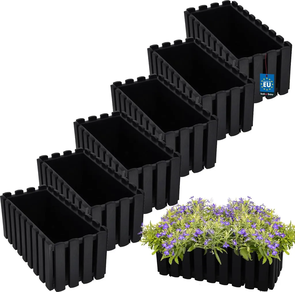 Bac à fleurs rectangulaire anthracite pour balcon et terrasse - Lot de 6