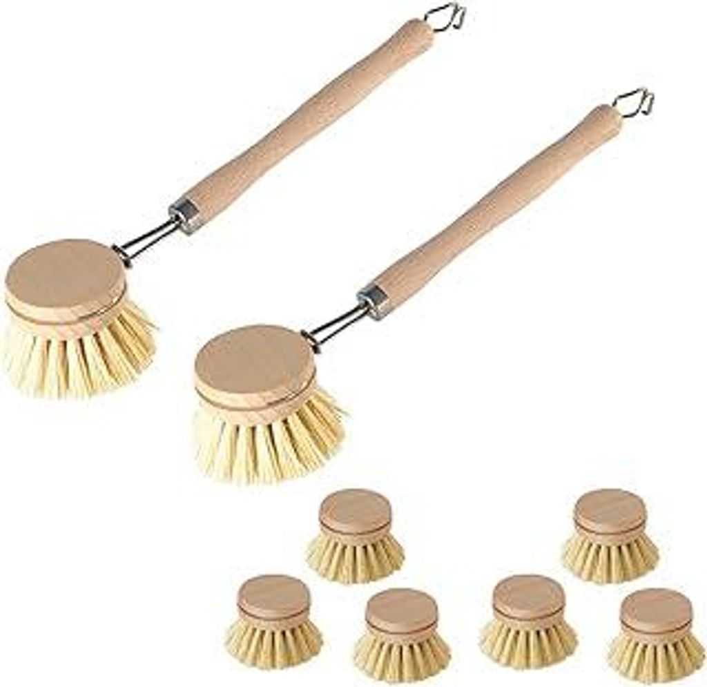 2er Set Spülbürste Holzspülbürste + 6 Ersatzköpfe, nachhaltige Spülbürsten Holz mit 6 x Ersatzkopf, Abwaschbürste, Geschirrbürste, Küchen...