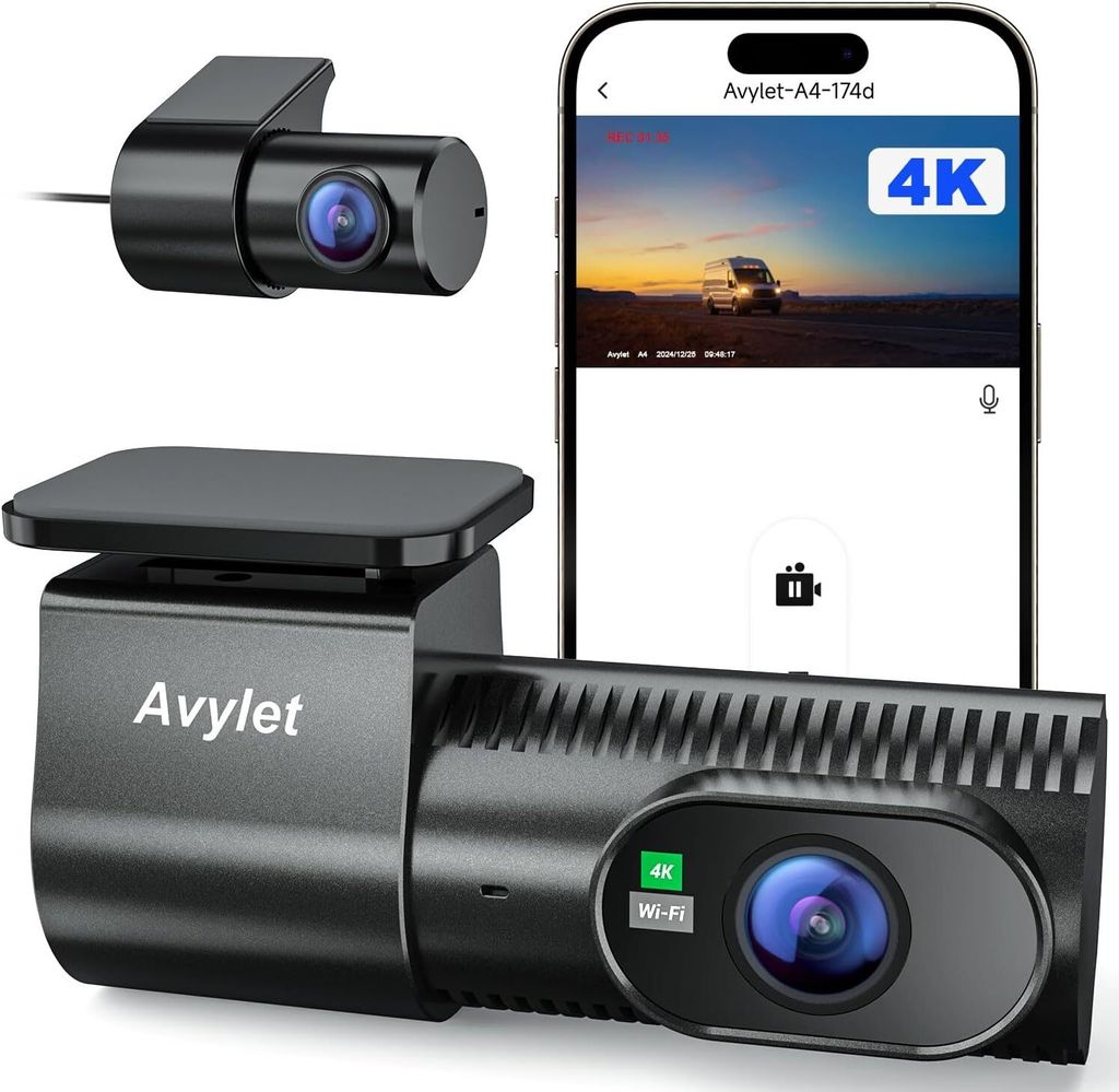 A dashcam and its associated smartphone app are displayed against a white background.
