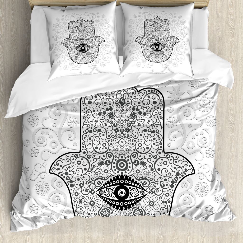 ABAKUHAUS Hamsa Bettbezug, Schutzschild Luck, Milbensicher Allergiker geeignet mit Kissenbezügen, 155 cm x 220 cm - 80 x 80 cm, Weiß, Schwarz, Grau