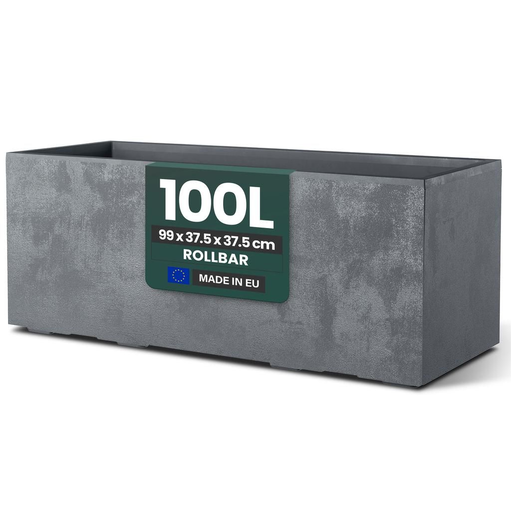 Kreher XL Pflanzkasten „Millennium“ 99x37,5x37,5 cm - 100L Volumen - Grau - Rollbarer Pflanzkübel - Wetterfest für Garten, Balkon & Terrasse