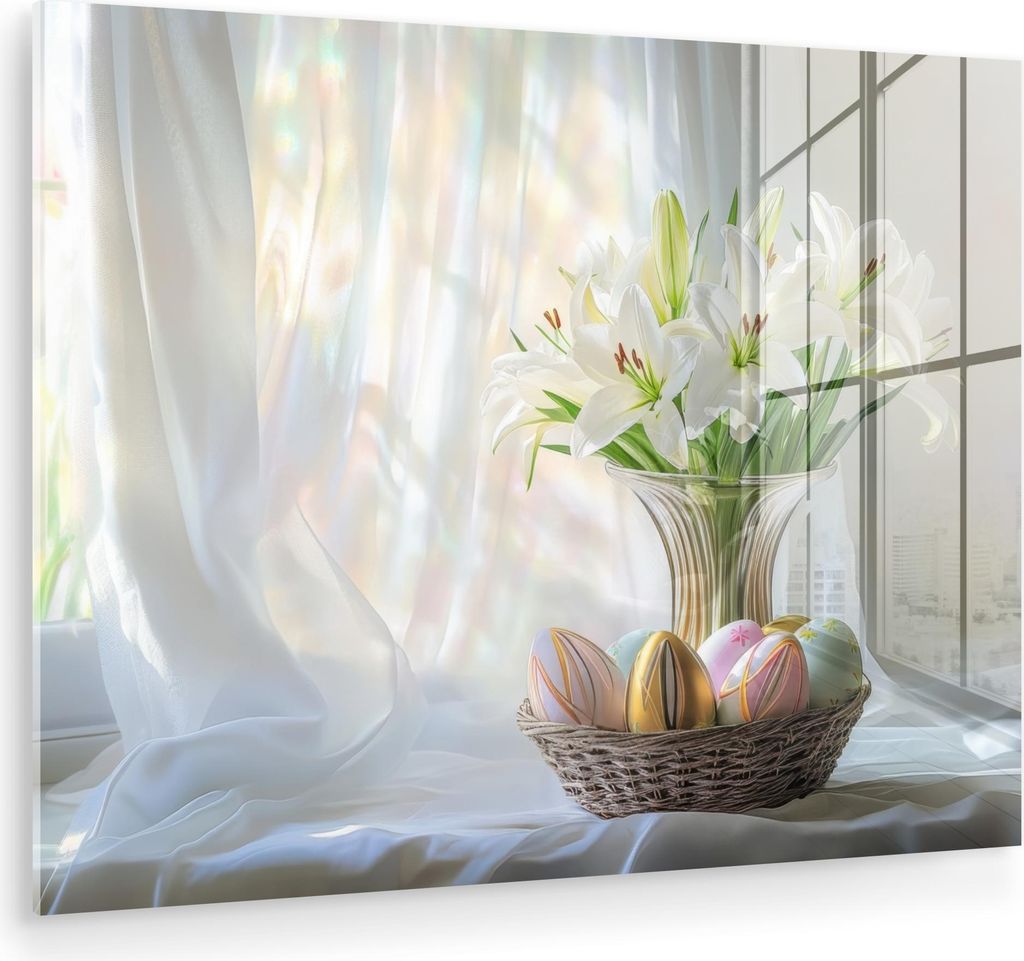 MuchoWow Glasbilder - Bilder auf Wandbild - Foto auf Glas Vase - Eier - Blumen 80x60 cm Wanddekoration aus Glas - Acrylglasbild - Acrylbilder - Wan...