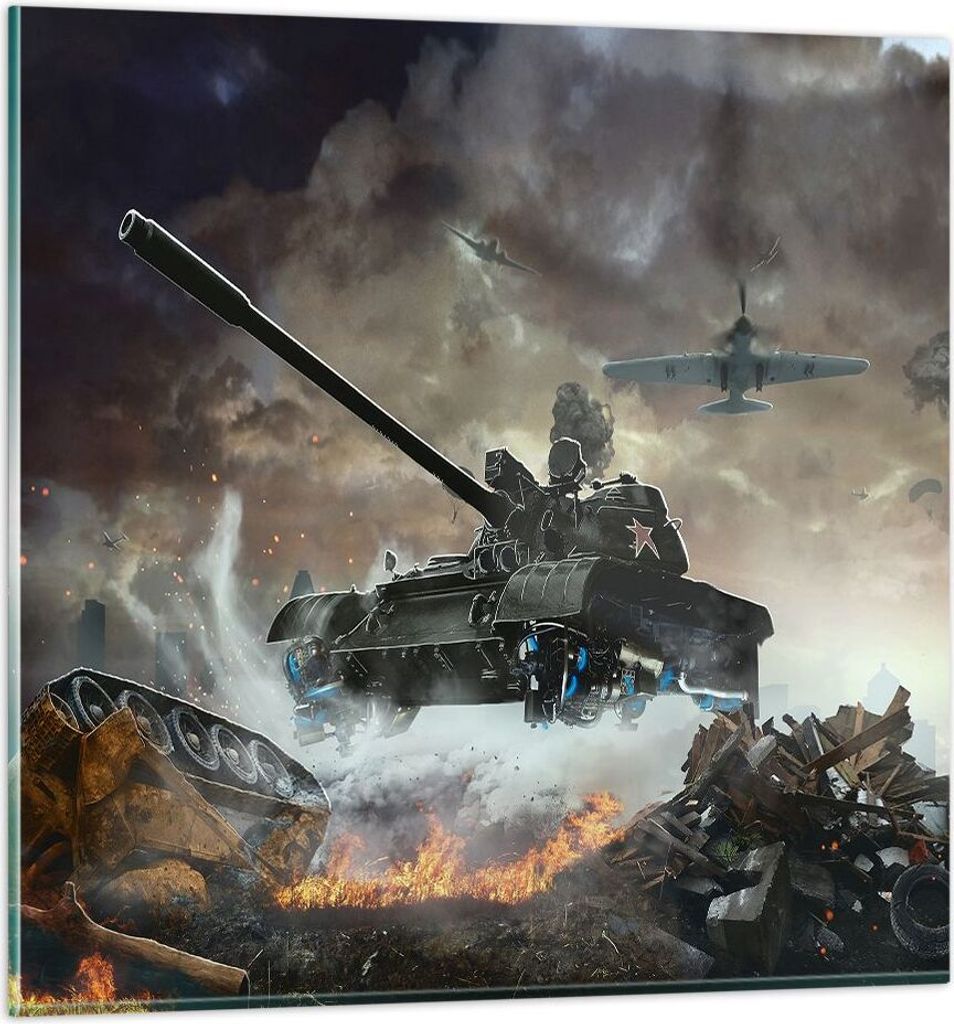 Bilder auf glas - Krieg Panzer Airplain Schlacht - 70x70cm - Glasbilder - Wandbilder - Kunstdruck - zum Aufhängen bereit - Wanddekoration aus Glas...