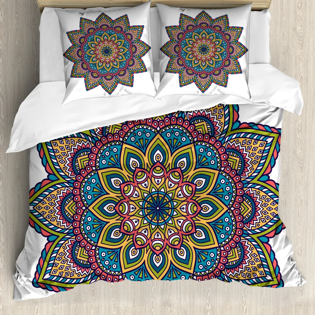ABAKUHAUS Copripiumino Mandala, motivi colorati, antiacaro, adatto a chi soffre di allergie, con federe, 200 cm x 200 cm - 80 x 80 cm, multicolore