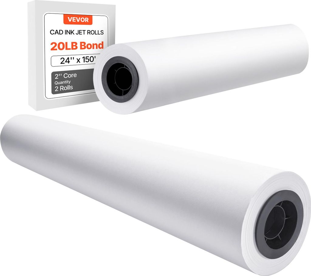 VEVOR Breitformatpapier Papierrollen 609,6 mm (B) / 45,7 m (L), 2 Rollen 20 lb Plotterpapierrollen ideal für CAD-Zeichnungen technische Pläne GIS...