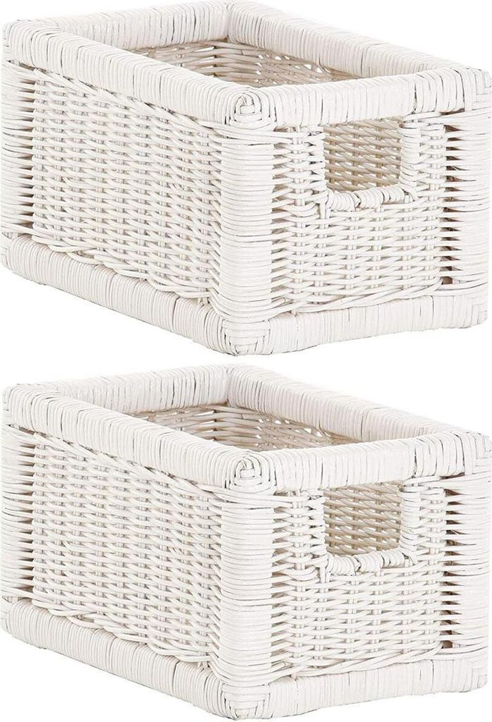 KRINES HOME Stabiles Set / 2 Regalkorb mit Holzrahmen Schubfach aus echtem Rattan / Schübe Box zur Aufbewahrung Regalkorb Schrankkorb Griff (Weiss...