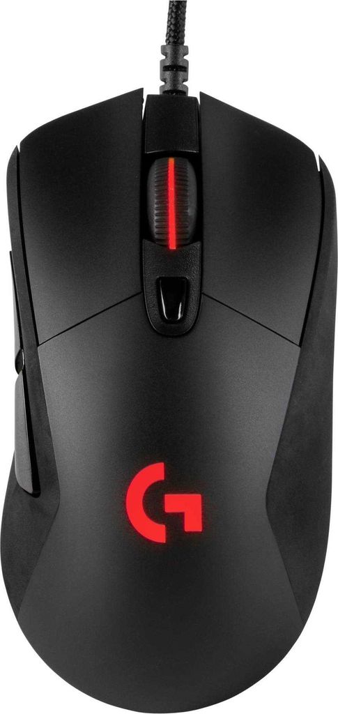 A top-down view of a black Logitech gaming mouse.