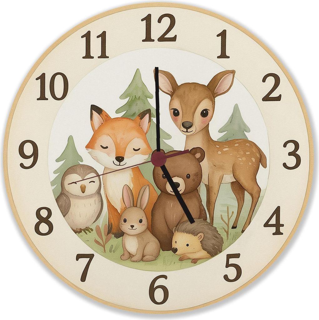 Waldtiere Aquarellstil Wanduhr aus MDF für Tierliebhaber Produktbild 
