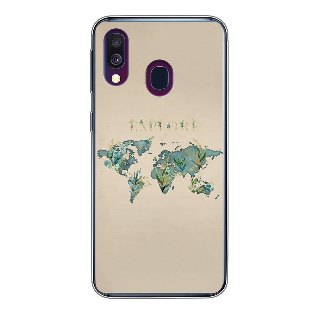 MuchoWow Handyhülle Schutzhülle Hülle für Samsung Galaxy A40 Weltkarte - Pflanzen - Wasser Silikon Softcase Handy Hülle - Handy-Tasche