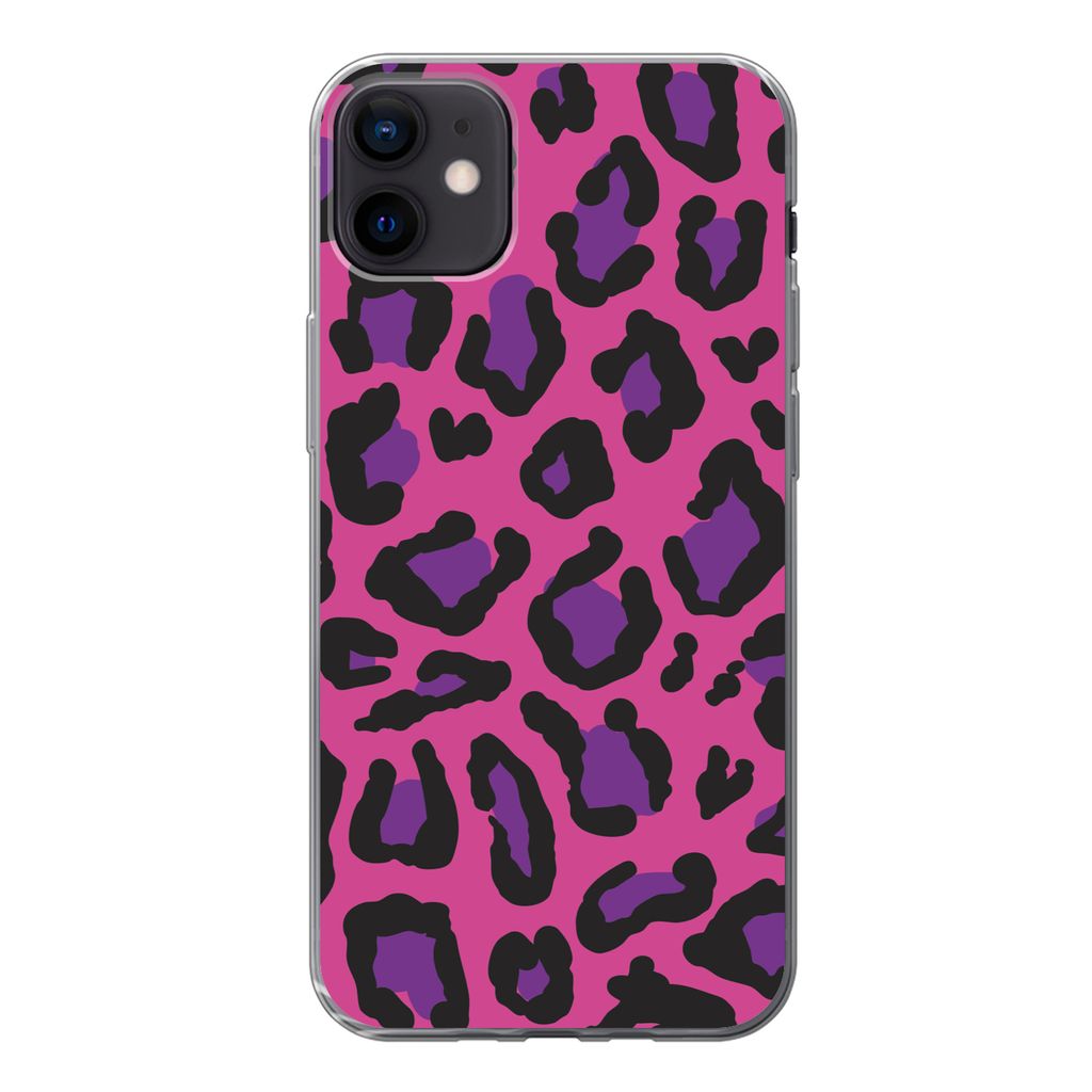 MuchoWow Handyhülle Schutzhülle Hülle für iPhone 12 mini Pantherdruck - Rosa - Lila Silikon Softcase Handy Hülle - Bild