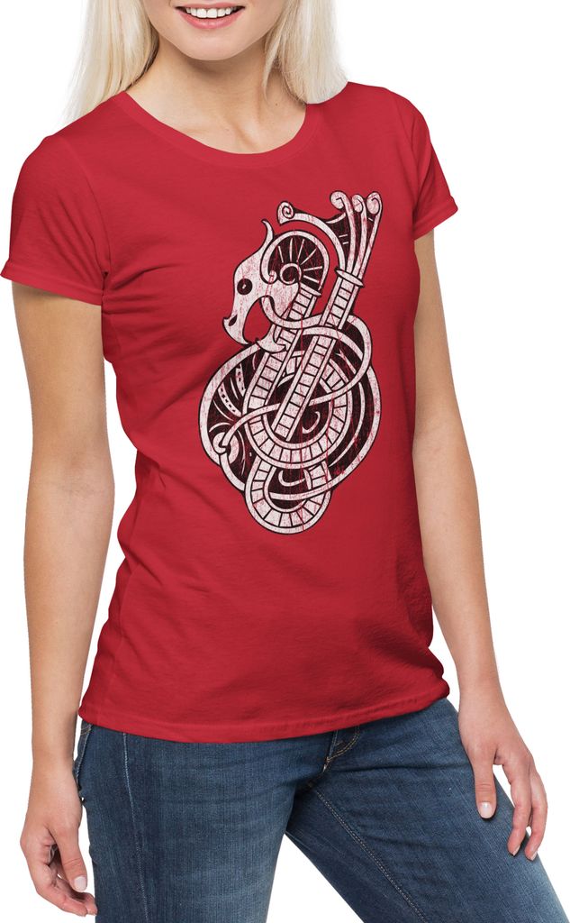 Urban Backwoods Nordic Dragon, Damen T-Shirt, Farbe: Rot, Größe: 2XL