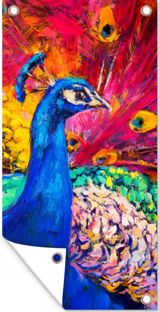 MuchoWow 80x160 cm Outdoor-Poster Gartendeko Sichtschutz Garten Poster für den Garten Gemälde - Vogel - Pfau - Ölgemälde
