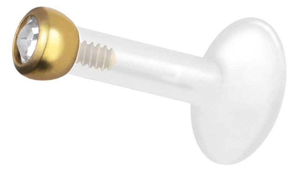 Ohrpiercing, Nasenpiercing PTFE Labret mit Innengewinde + Titan-Aufsatz KRISTALL Gold Stablänge: 10mm + Stabstärke: 1,6mm + Kugelgröße: 2mm