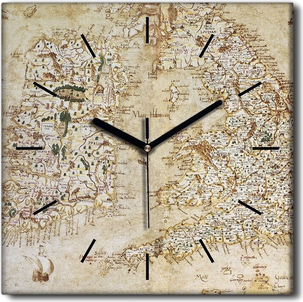 Coloray Uhr auf Leinwand 30x30 cm Wand Uhr Dekoration Wohnzimmer Segeltuch schwarze Hände -Karte einer Altgland-Insel