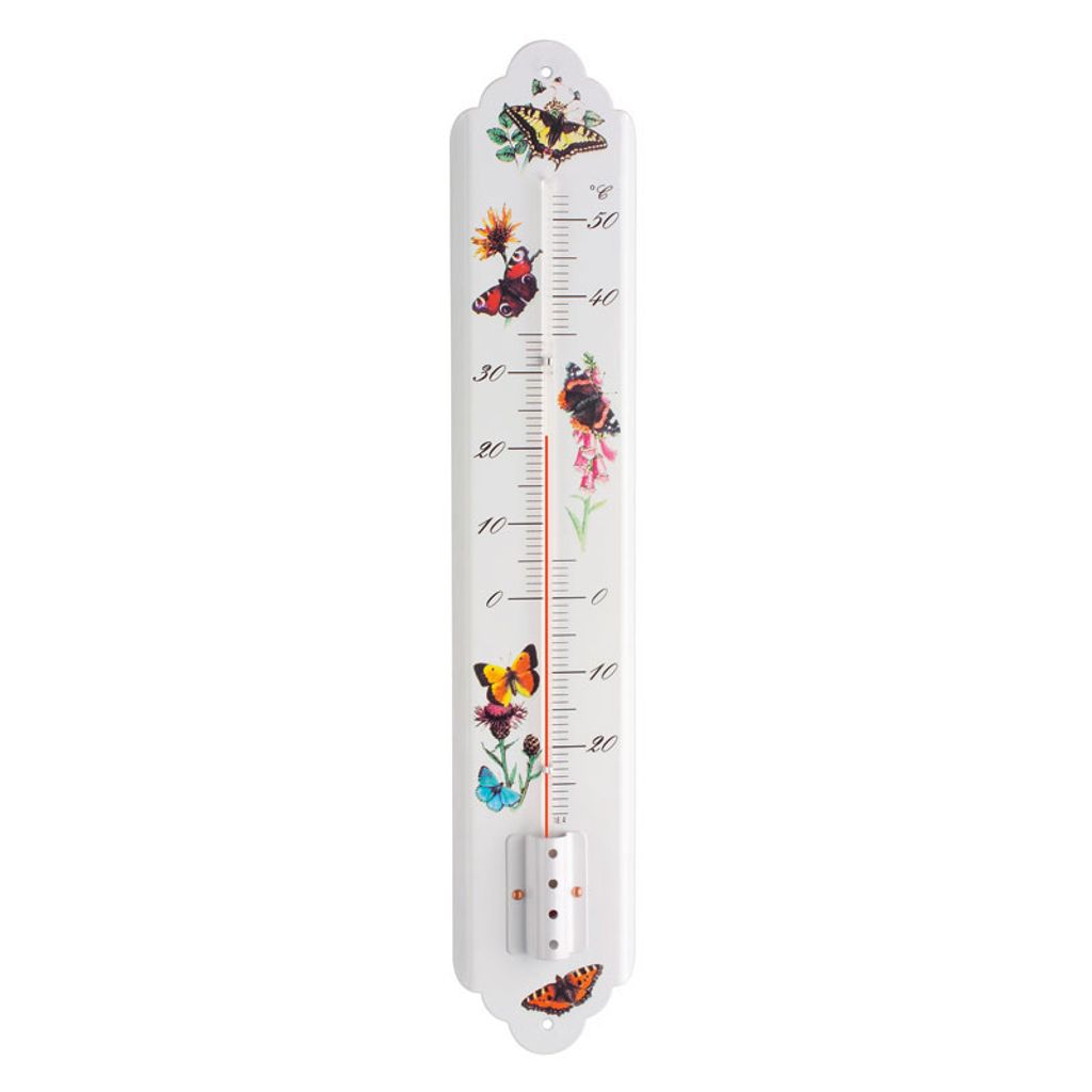 A decorative thermometer with butterfly and flower motifs.