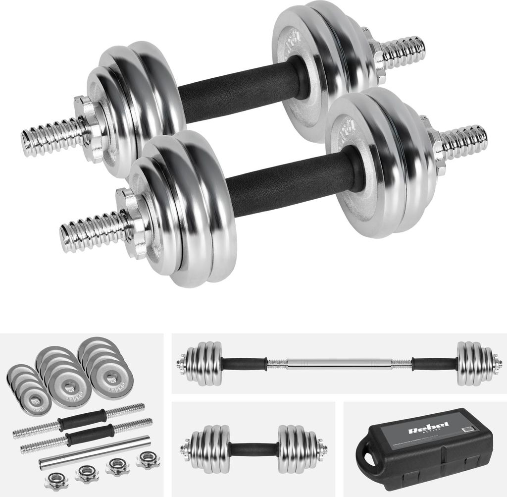 Chromierte Gusseisenhanteln im Koffer mit Hantelstange, Set 15 kg Rebel verstellbar