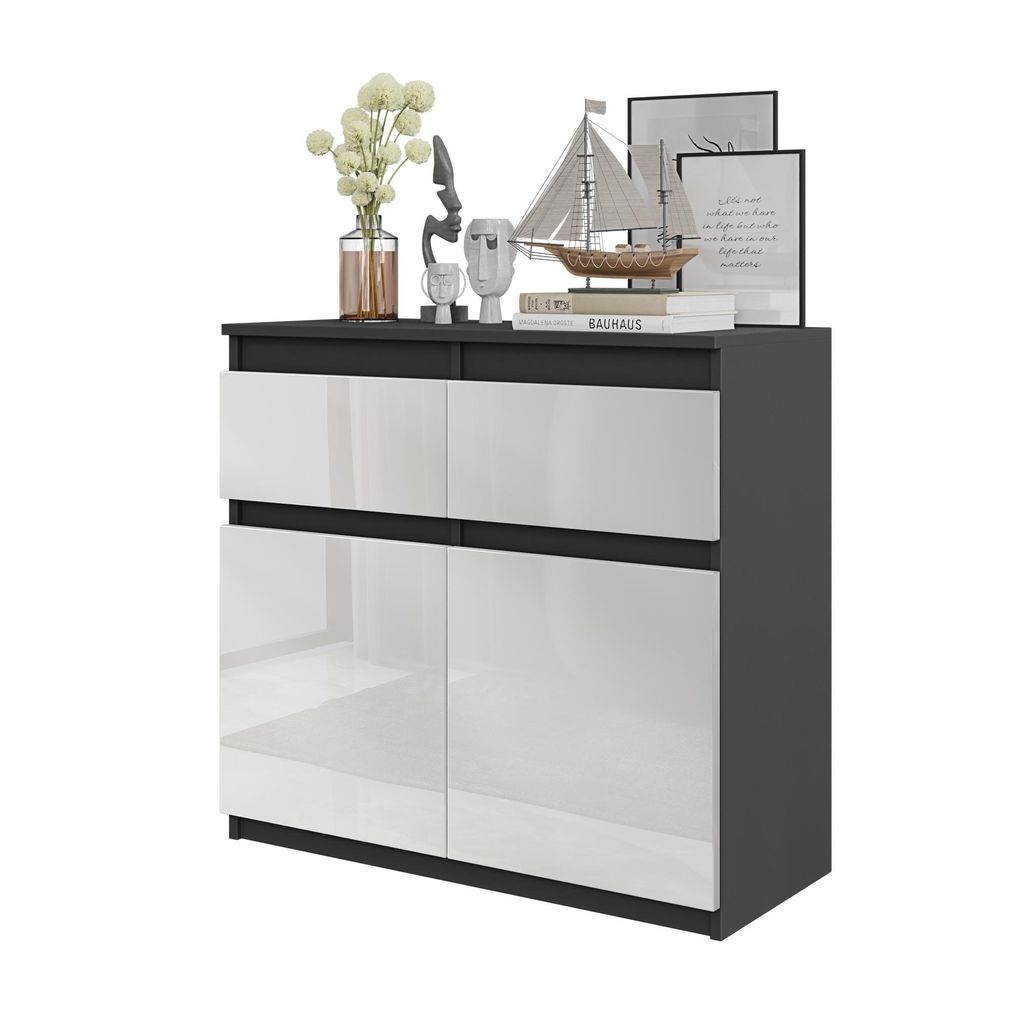 Kommode Noah – Grau Matt / Weiß Hochglanz, 2 Schubladen, 2 Türen, 2 Einlegeböden, 80 cm – Sideboard für das Wohnzimmer