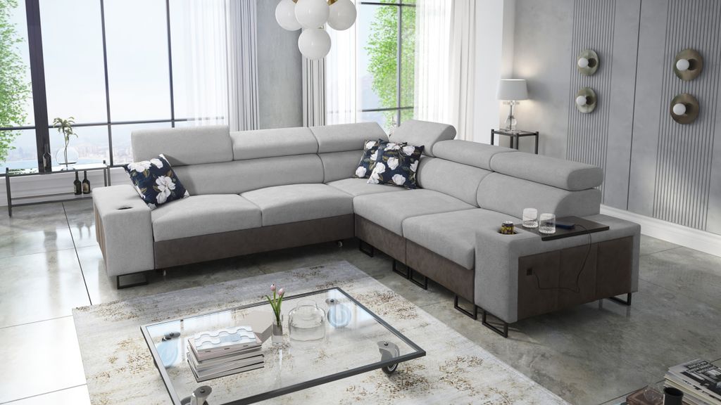 Kaiser Möbel L-förmiges Ecksofa mit Schlaffunktion MELODY III,mit Bar Tauro/Freya Graphit/Grau Rechts