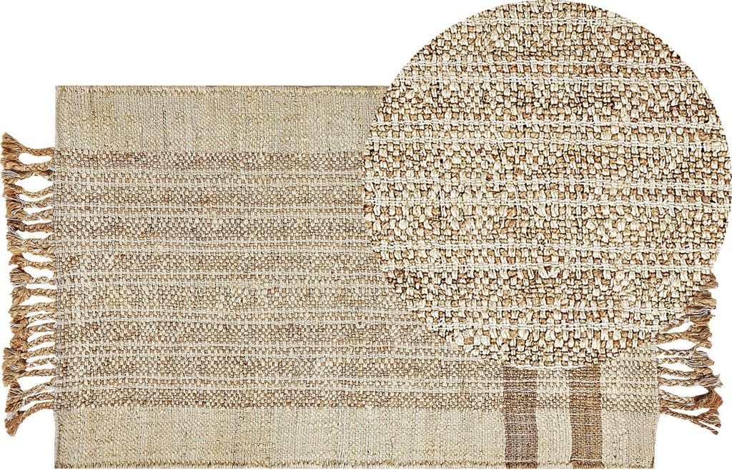 BELIANI Teppich Beige Jute 80 x 150 cm Rechteckig Natürlich Handgewebt Geometrisches Muster Kurzflor Läufer mit Fransen Boho Wohnzimmer Flur Essz...