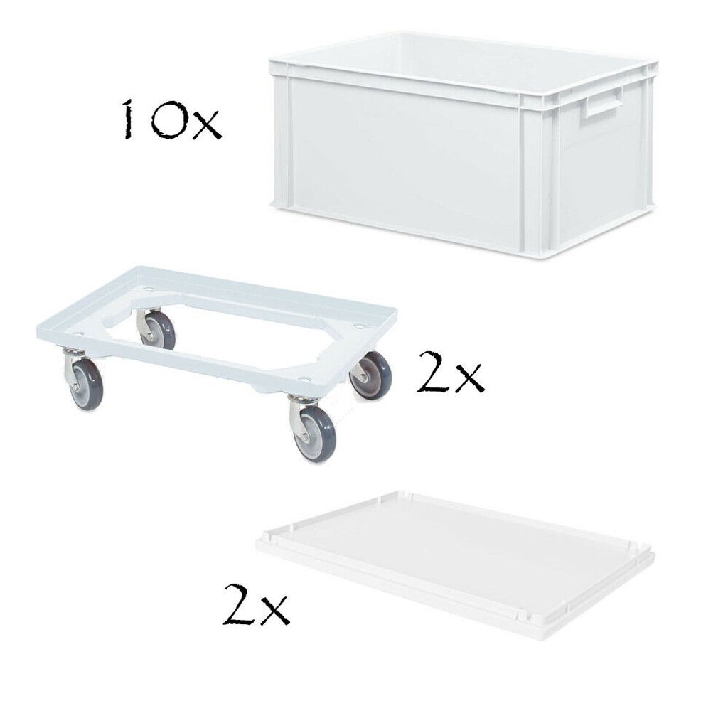 10 Boxen mit Griffleisten, LxBxH 600x400x320 mm + 2 Roller + 2 Stülpdeckel, weiß