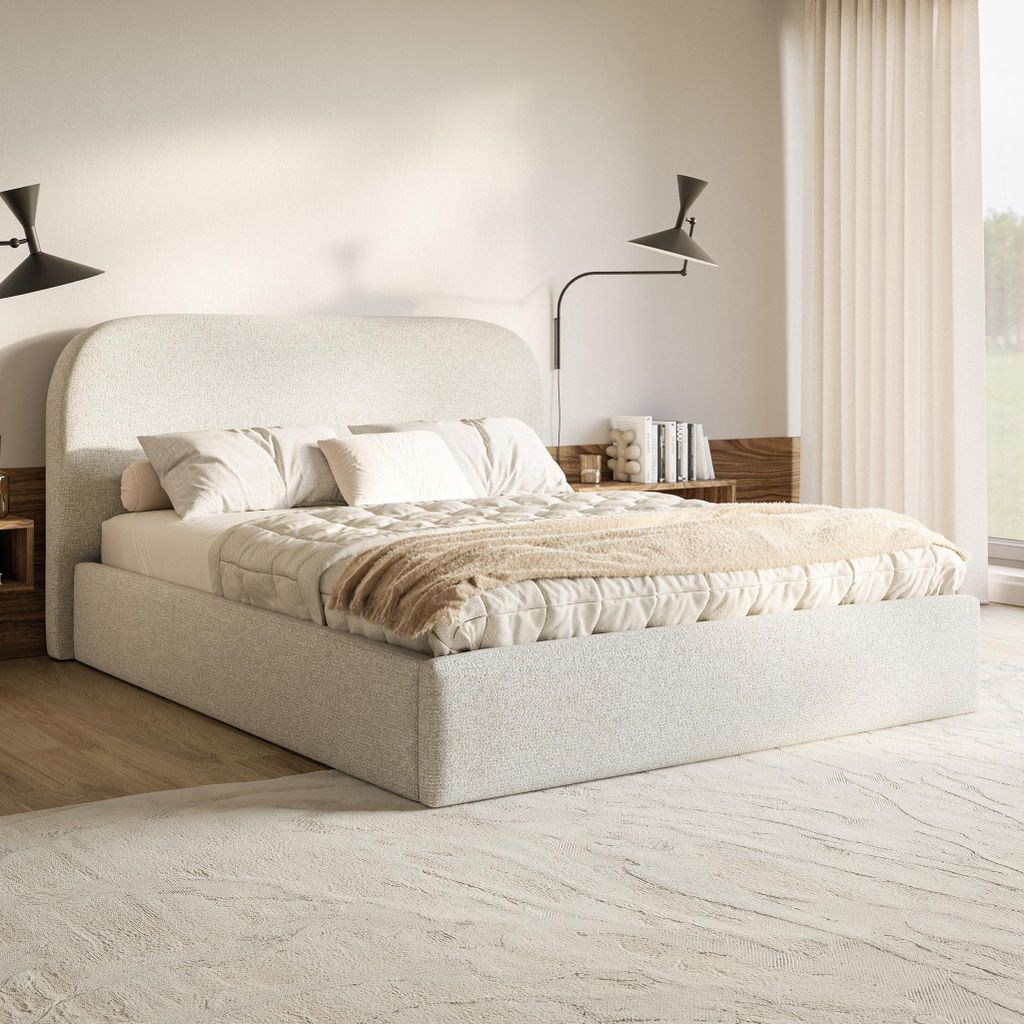 MOTIVENA Mono Polsterbett 200x200 mit Bettkasten, Metall Lattenrost, Bett 200x200 Beige Strukturstoff (Puente 03)