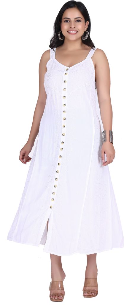 Besticktes Boho Sommerkleid, Indisches Hippie Trägerkleid, Weiß - Design 17, Damen, Viskose, Kleider