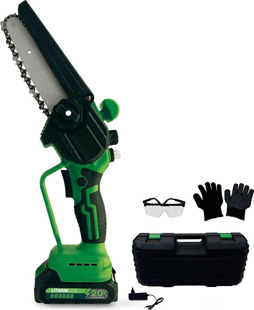 A cordless mini chainsaw and its accessories are displayed against a white background.