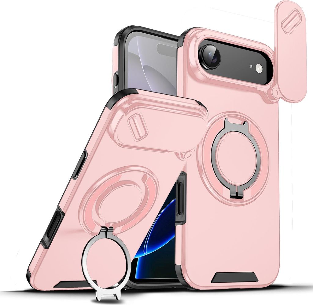 Handyhülle für iPhone Air Dual-Layer Stoßfest Militär Hülle mit Dia Kameraschutz und Magnetisch Ring Ständer Pink