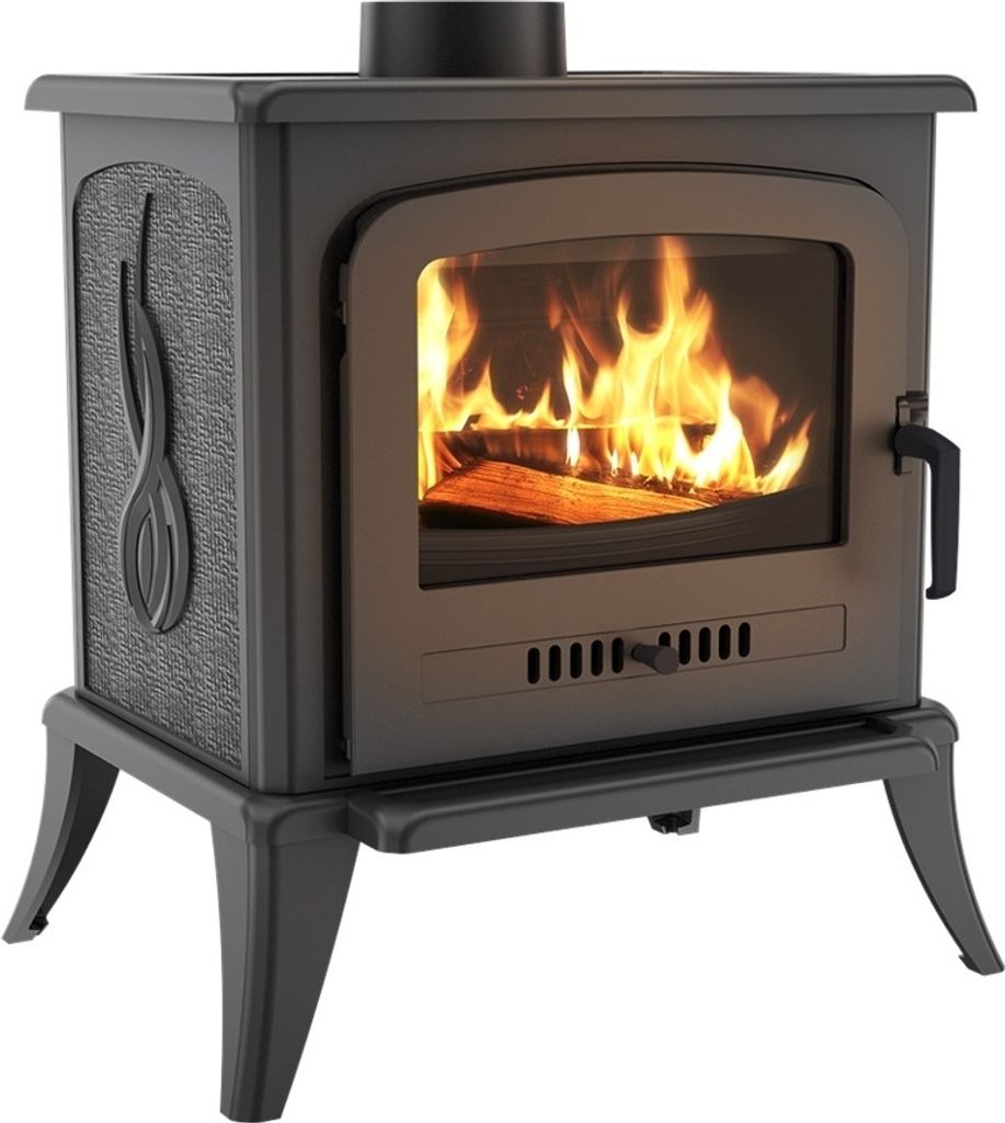 A freestanding cast iron wood-burning stove with a fire burning inside.