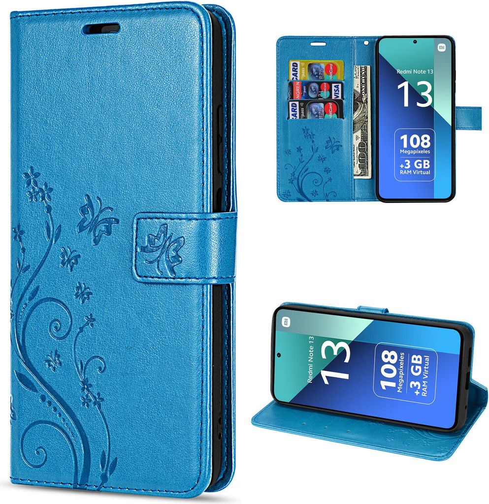 Hülle Xiaomi Redmi Note 13 4G, Handy Tasche Handyhülle Wallet Case Flip Cover Blau