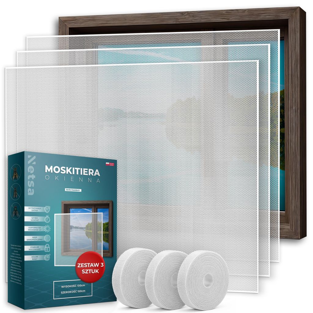 Netsa | 3er Set Fenster-Moskitonetz 130x150 cm Weiß – Produktbild 
