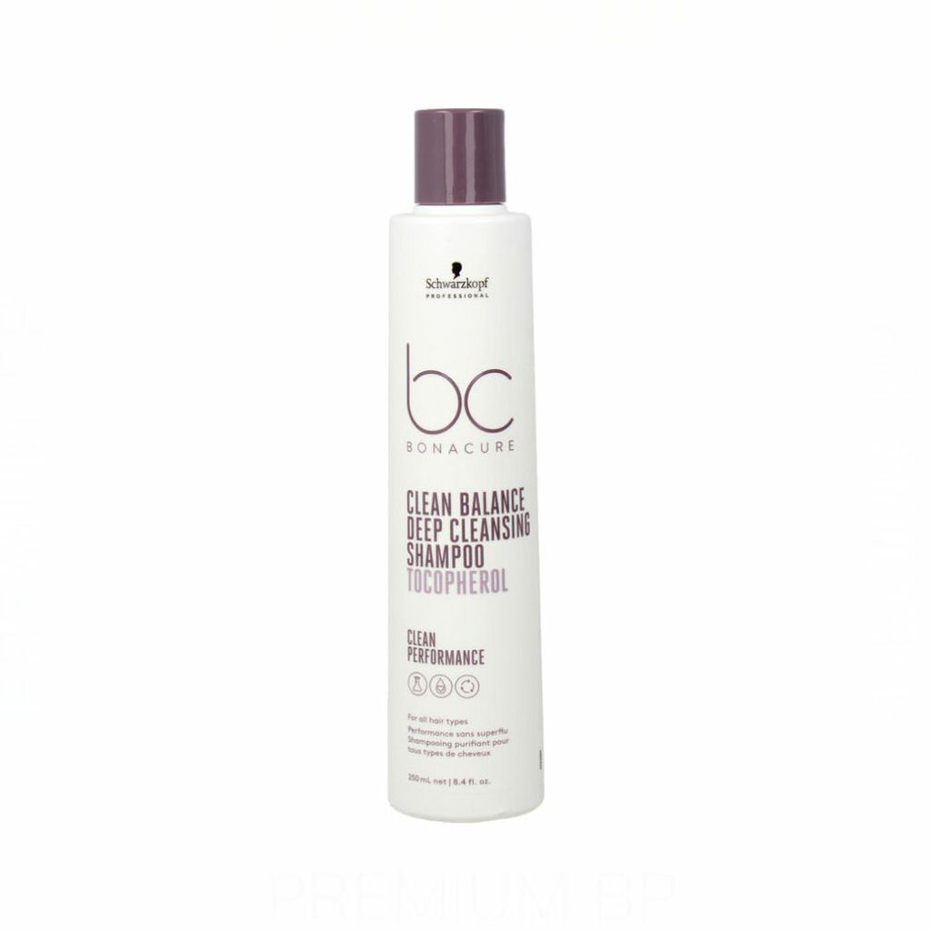 A white bottle of Schwarzkopf Bc Clean Balance Deep Cleansing Shampoo with a purple cap, isolated on a white background.