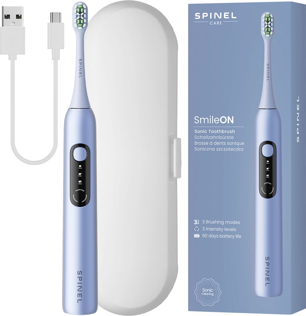 Spinel Care SmileON Schallzahnbürste Blau Reiseetui USB C Akku 3 Modi