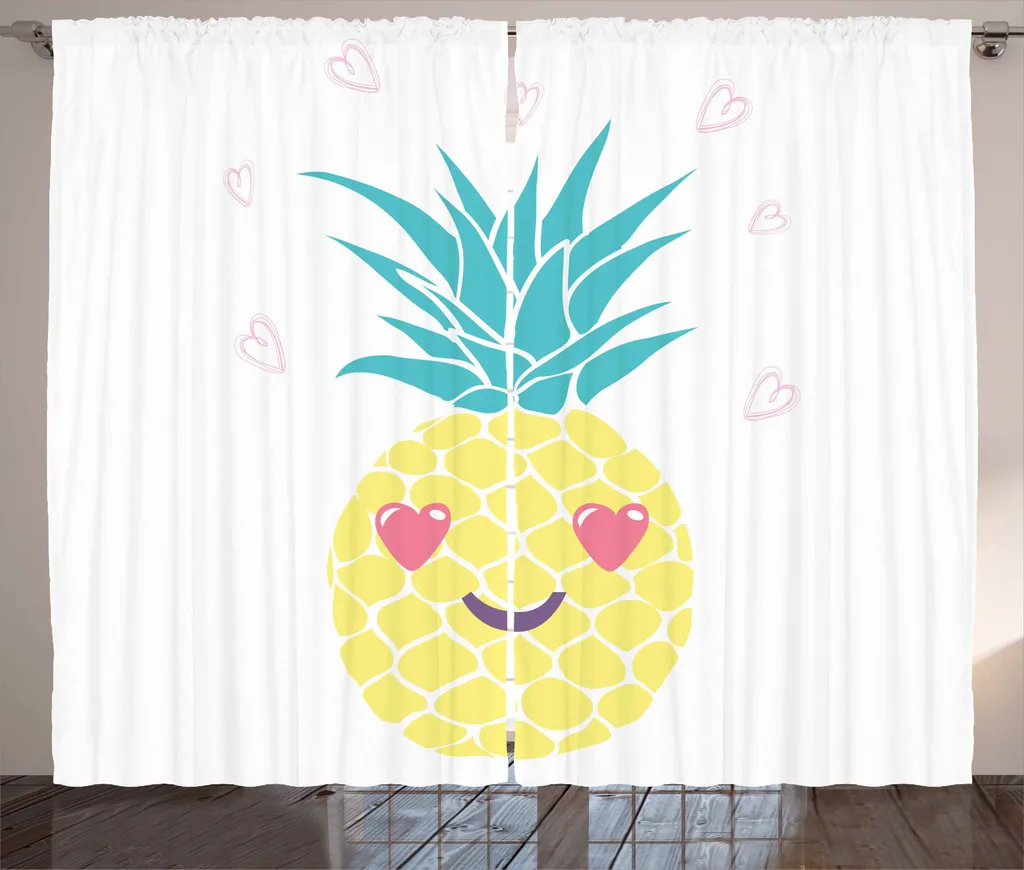 ABAKUHAUS Tenda tropicale rustica, cuore, occhi e ananas, soggiorno, nastro universale, tende con passanti e ganci, 280 x 245 cm, multicolore