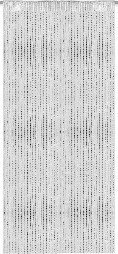 A white beaded curtain hanging vertically.