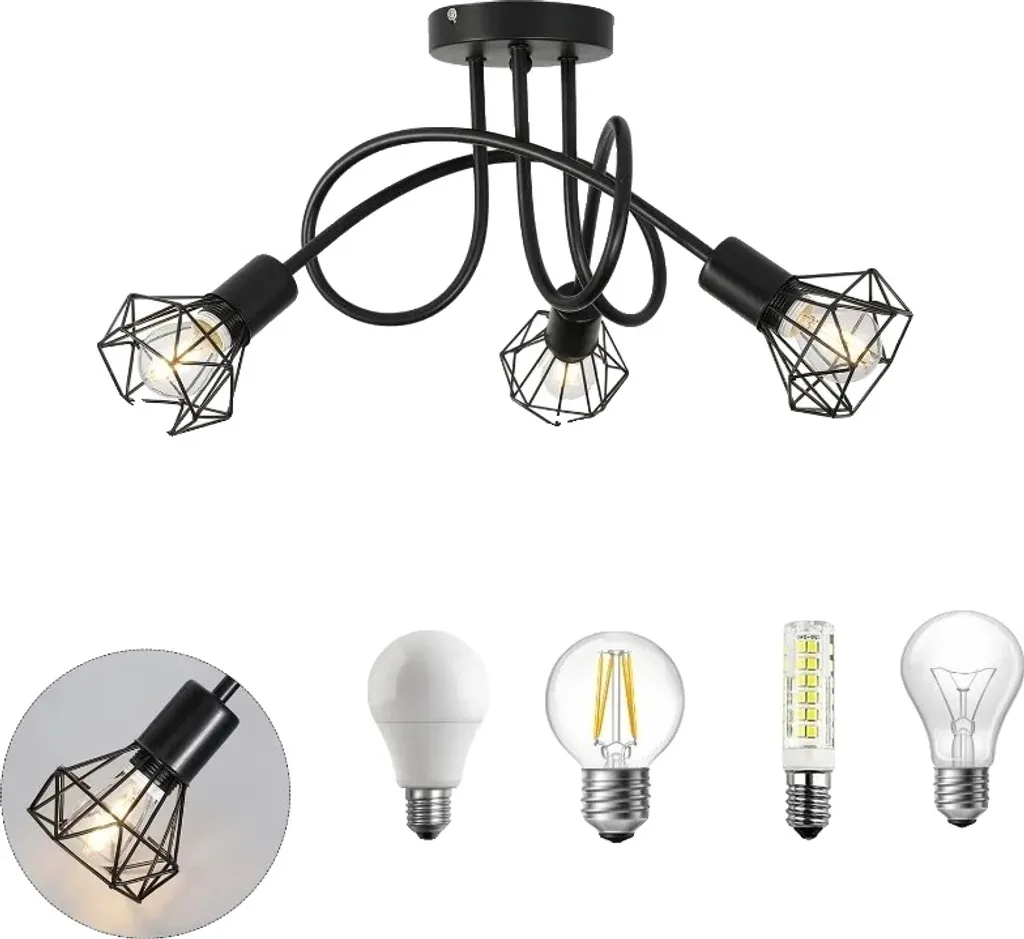 Plafonnier Industriel Noir 3 Lampes E14 - Luminaire de Plafond Vintage