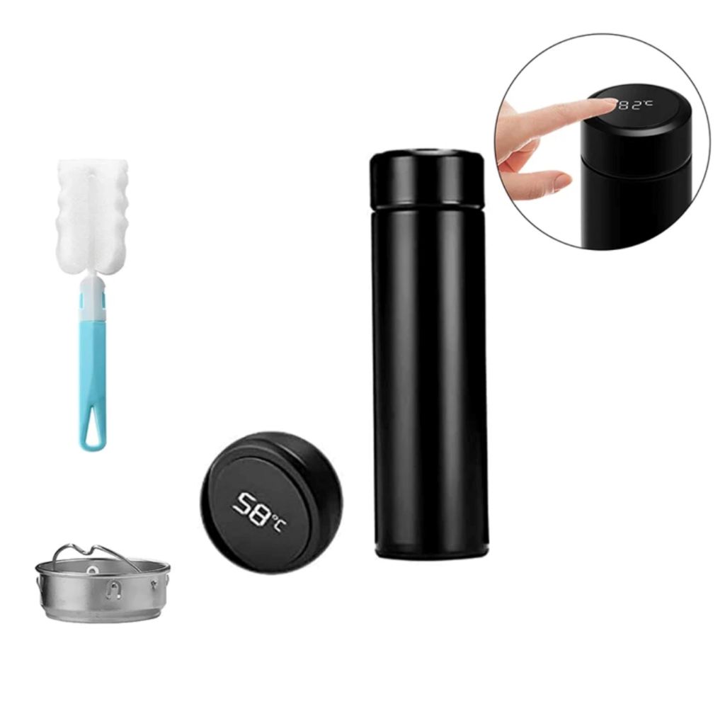 Botells Thermoflasche 500 ml Edelstahl, auslaufsicher, LCD Temperaturanzeige, auslaufsicher, ideal bei Babynahrung, (Schwarz m. Reinigungsbürste)