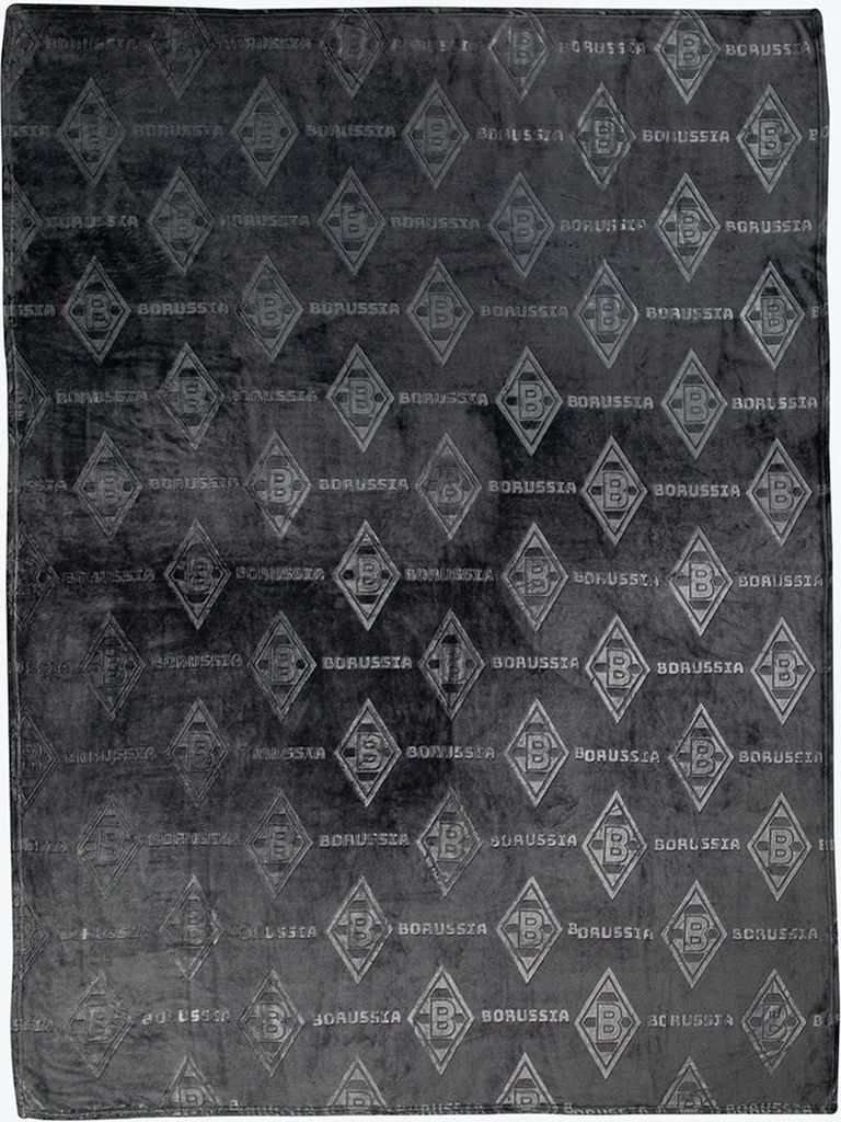 A dark gray blanket with a repeating pattern of diamonds containing the Borussia Mönchengladbach logo and the word 'BORUSSIA'.