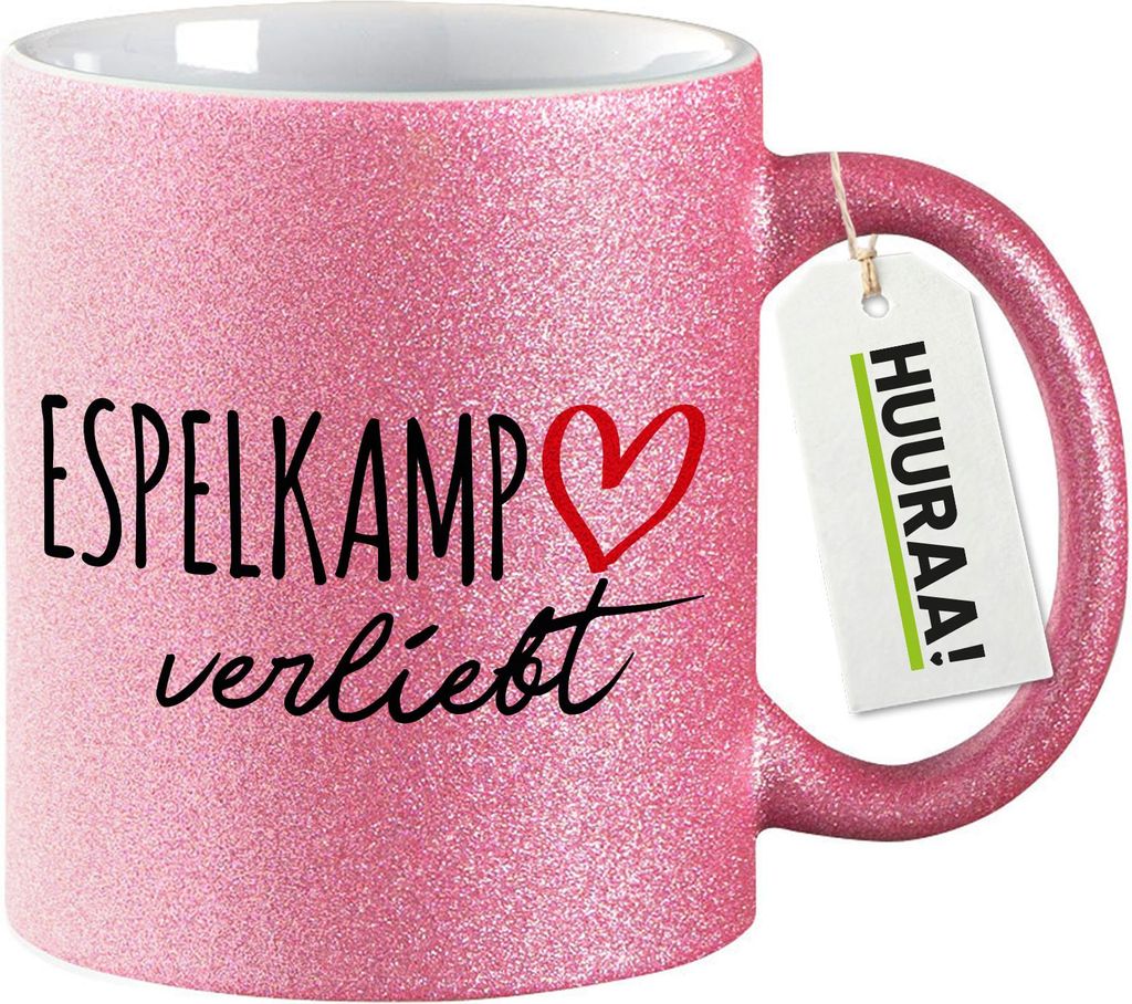 Huuraa Glitzertasse Espelkamp verliebt 330ml Pink Keramik Kaffeebecher Geschenkidee