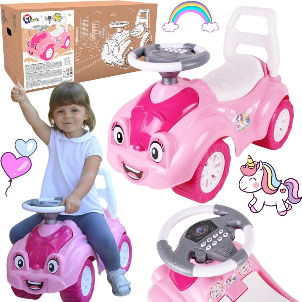 Rutschauto, Lauflernwagen, bunte Einhorn-Soundeffekte, zum Produktbild 