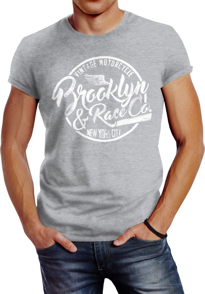 Herren T-Shirt Brooklyn Race Motorcycle Vintage Watercolor Slim Fit Neverless grau XL