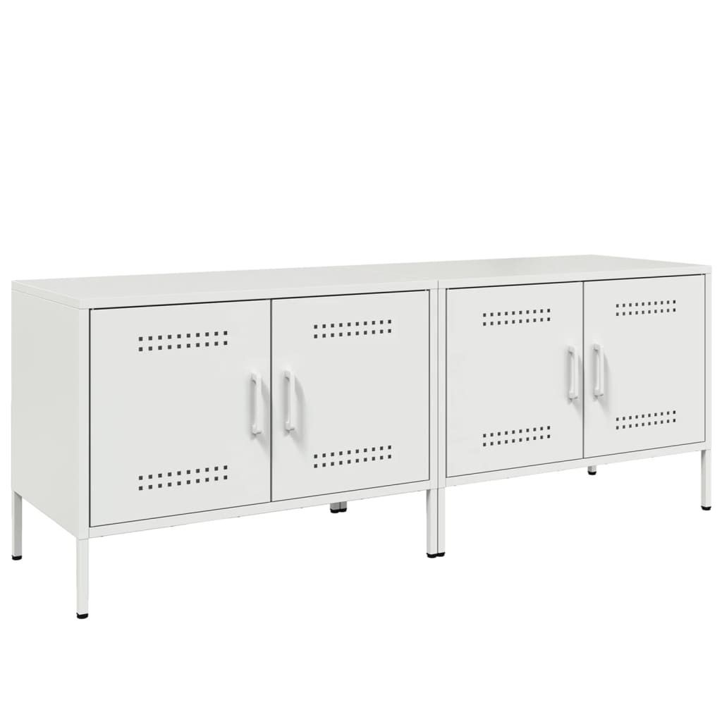 A white metal TV cabinet with four doors and four legs, shown against a white background.