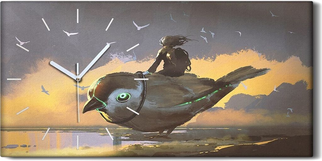 Wanduhr Bürouhr Leinwand Bild Quarz 60x30 Mädchen sitzt auf einem riesigen Vogel - weiße Hände